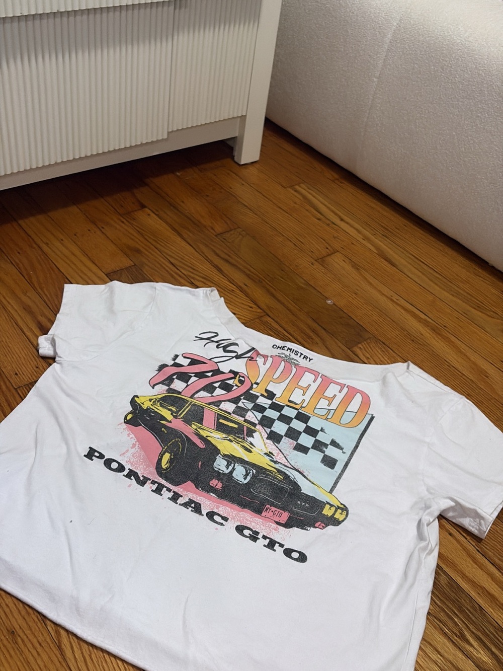 Chemistry White Kids Tee with Yellow & Pink Pontiac GTO Graphic